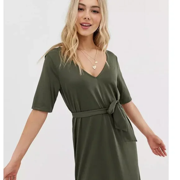 ASOS olive green belted maxi dress w/side slit 6 - Picture 2 of 9